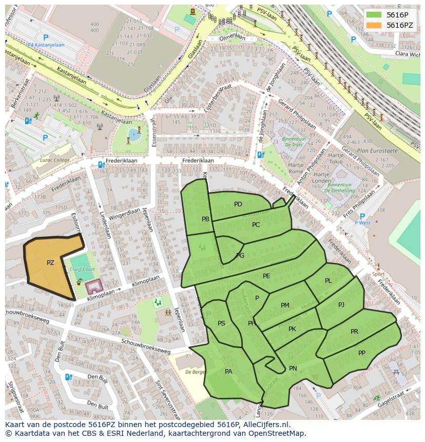 Afbeelding van het postcodegebied 5616 PZ op de kaart.