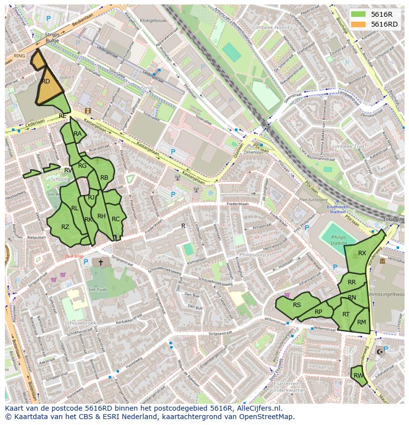 Afbeelding van het postcodegebied 5616 RD op de kaart.