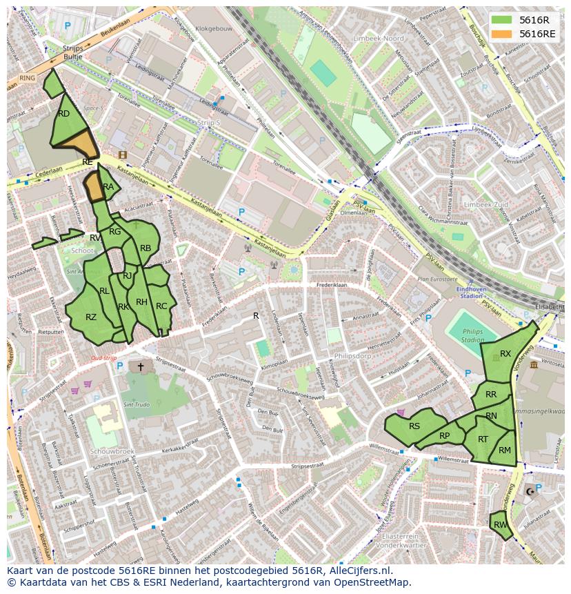 Afbeelding van het postcodegebied 5616 RE op de kaart.