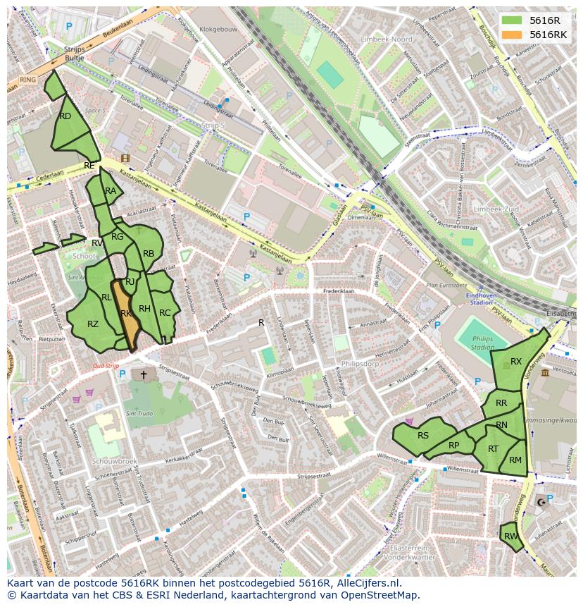 Afbeelding van het postcodegebied 5616 RK op de kaart.