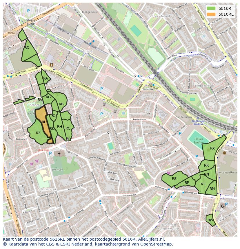 Afbeelding van het postcodegebied 5616 RL op de kaart.