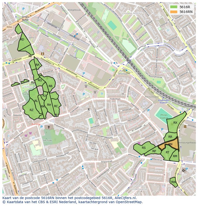 Afbeelding van het postcodegebied 5616 RN op de kaart.