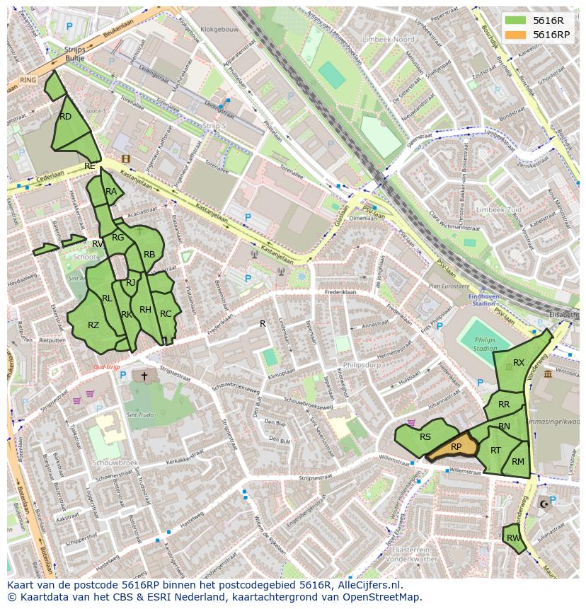 Afbeelding van het postcodegebied 5616 RP op de kaart.