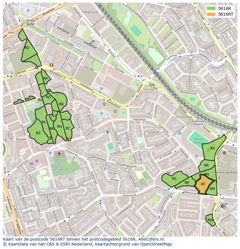 Afbeelding van het postcodegebied 5616 RT op de kaart.