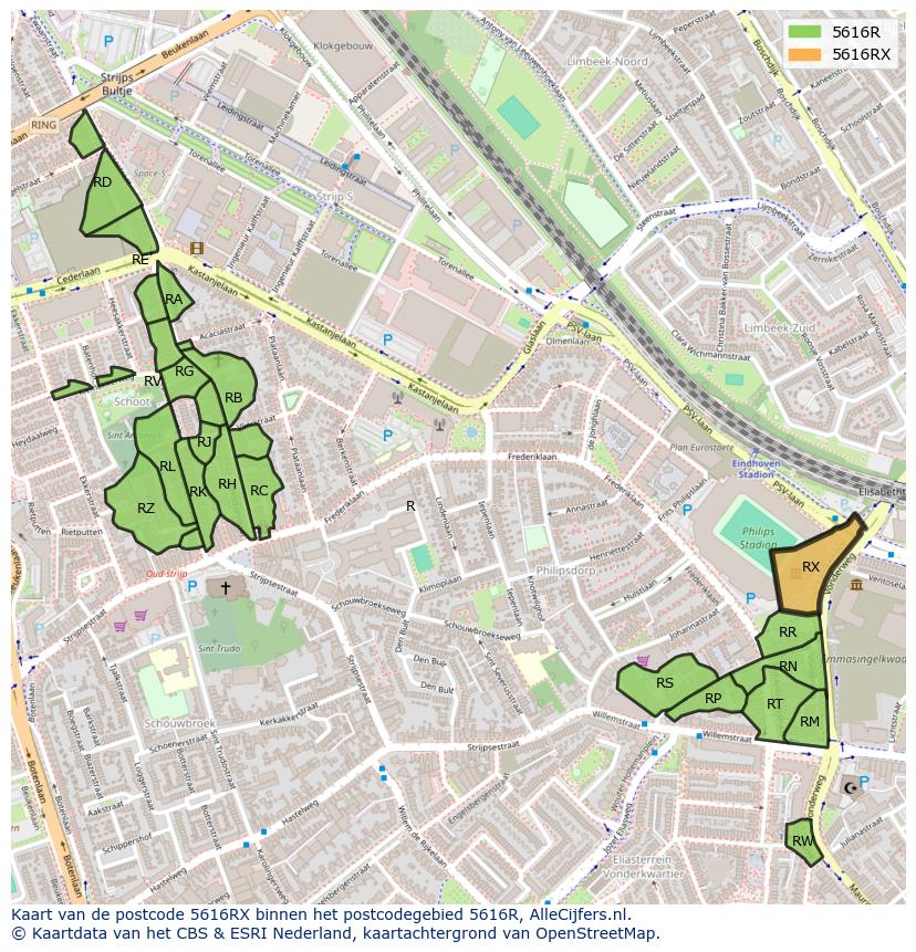 Afbeelding van het postcodegebied 5616 RX op de kaart.