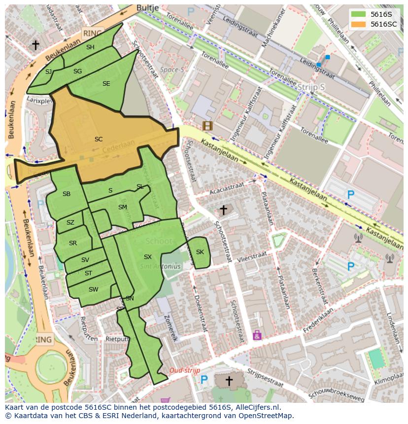 Afbeelding van het postcodegebied 5616 SC op de kaart.