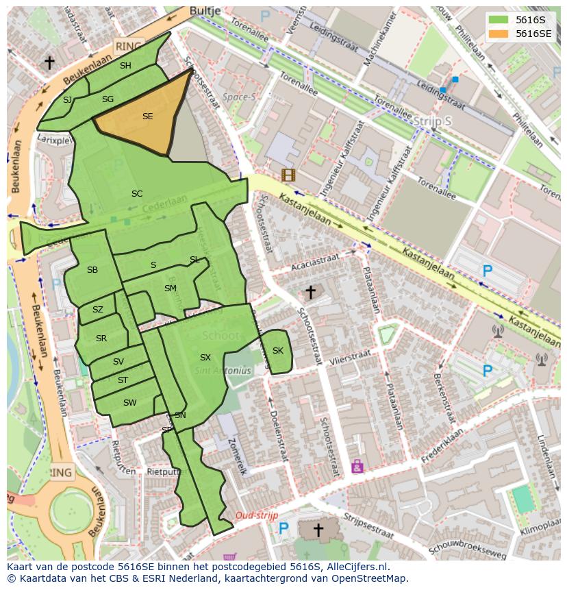 Afbeelding van het postcodegebied 5616 SE op de kaart.