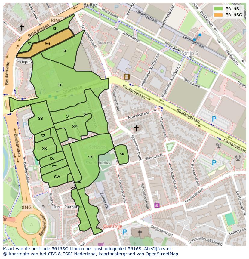 Afbeelding van het postcodegebied 5616 SG op de kaart.