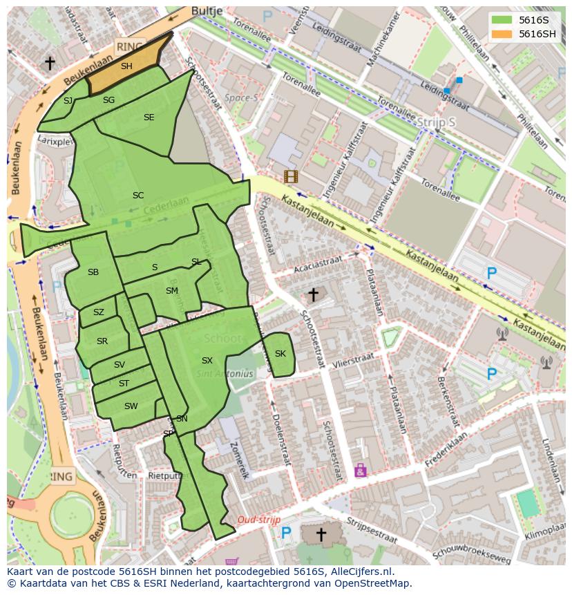 Afbeelding van het postcodegebied 5616 SH op de kaart.