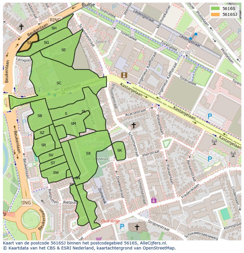 Afbeelding van het postcodegebied 5616 SJ op de kaart.