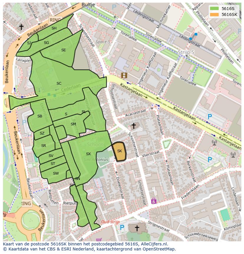 Afbeelding van het postcodegebied 5616 SK op de kaart.
