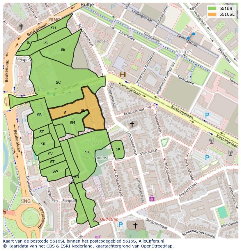 Afbeelding van het postcodegebied 5616 SL op de kaart.