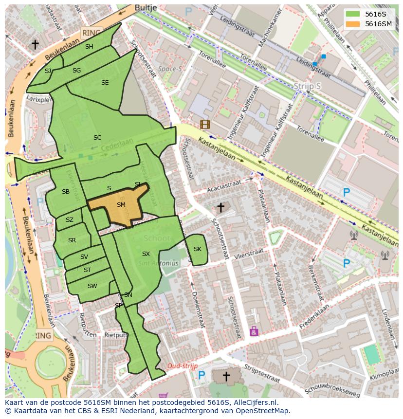 Afbeelding van het postcodegebied 5616 SM op de kaart.