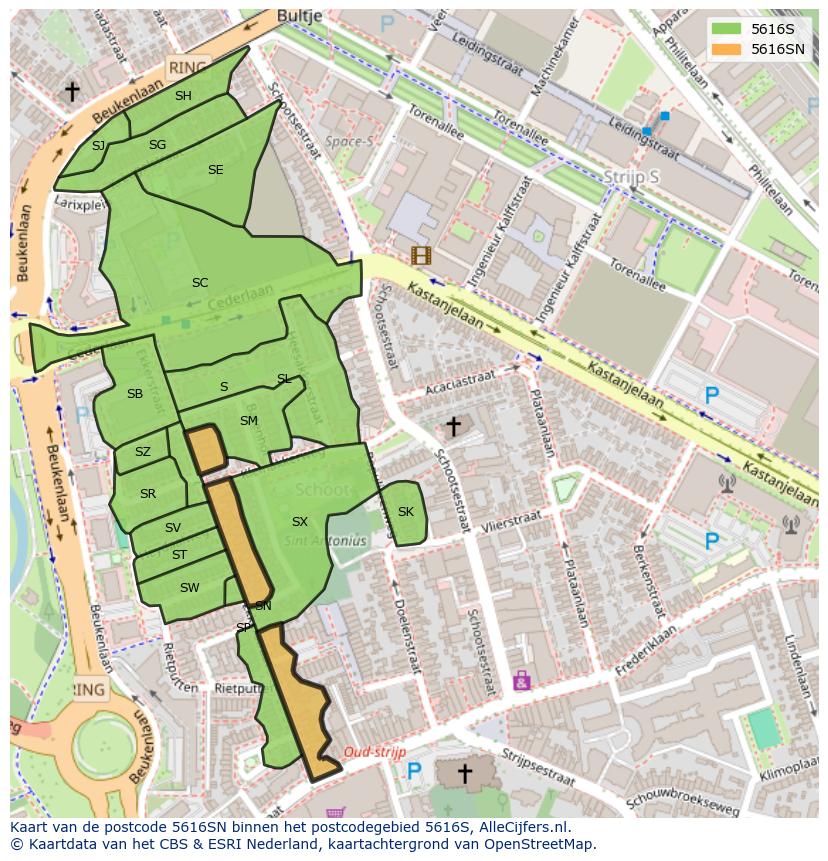 Afbeelding van het postcodegebied 5616 SN op de kaart.