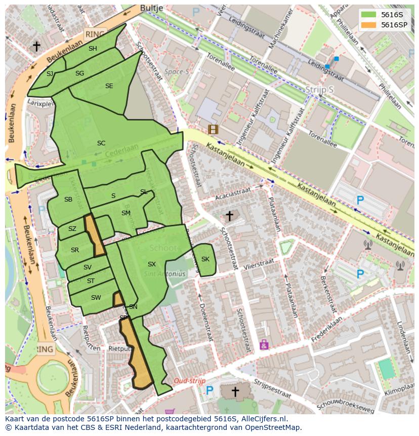 Afbeelding van het postcodegebied 5616 SP op de kaart.