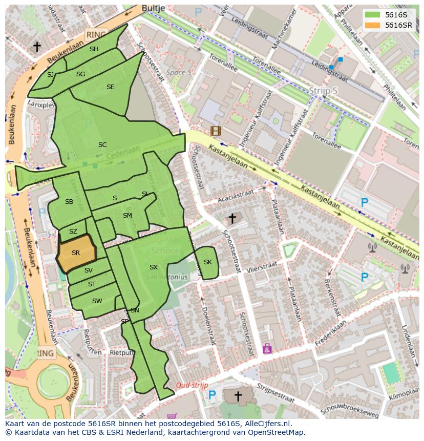 Afbeelding van het postcodegebied 5616 SR op de kaart.