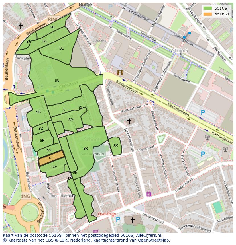 Afbeelding van het postcodegebied 5616 ST op de kaart.