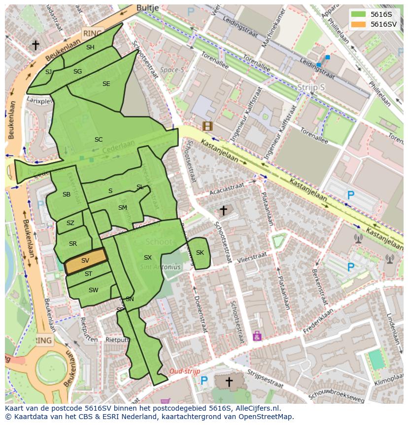 Afbeelding van het postcodegebied 5616 SV op de kaart.