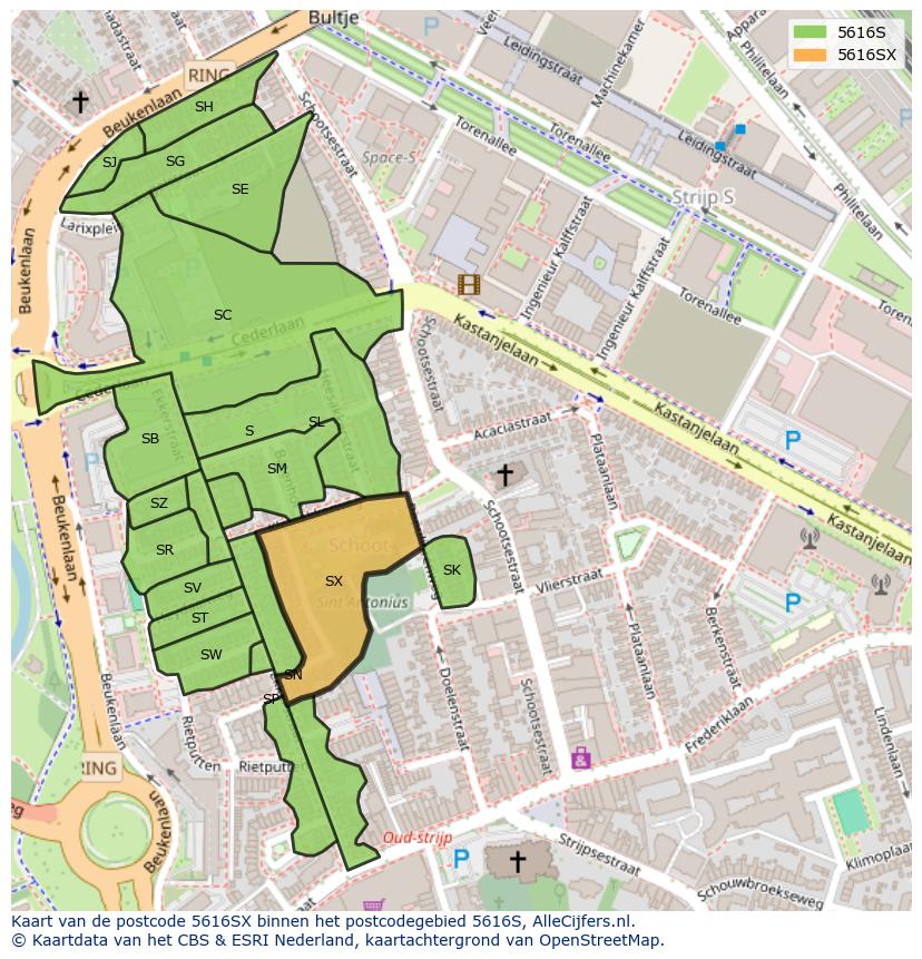 Afbeelding van het postcodegebied 5616 SX op de kaart.