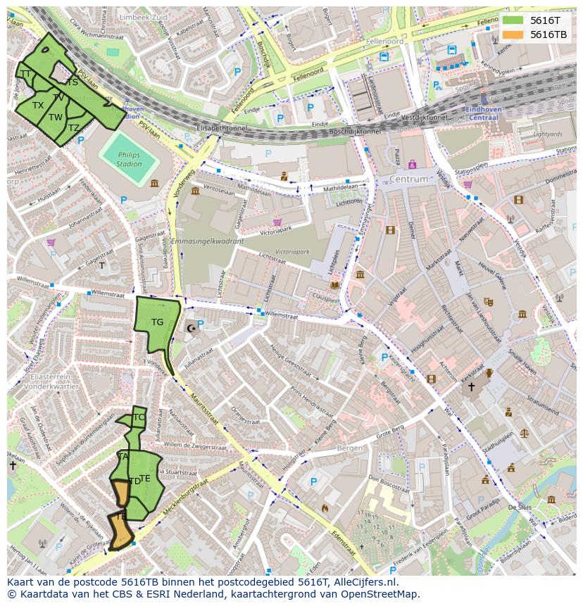 Afbeelding van het postcodegebied 5616 TB op de kaart.