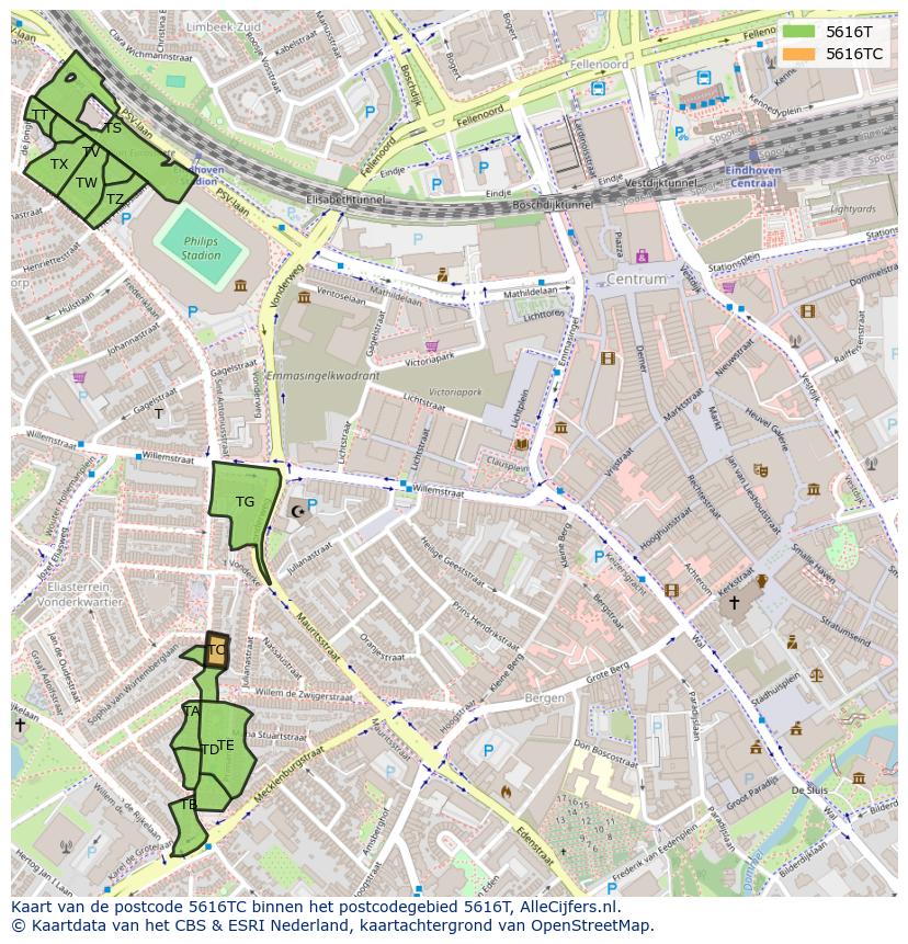 Afbeelding van het postcodegebied 5616 TC op de kaart.