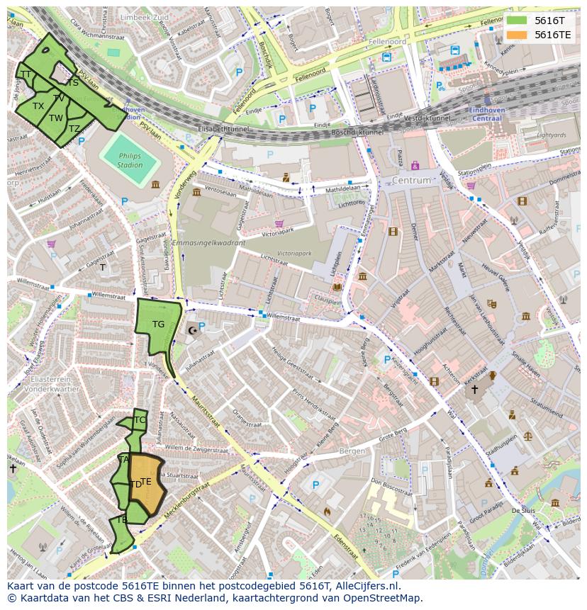 Afbeelding van het postcodegebied 5616 TE op de kaart.