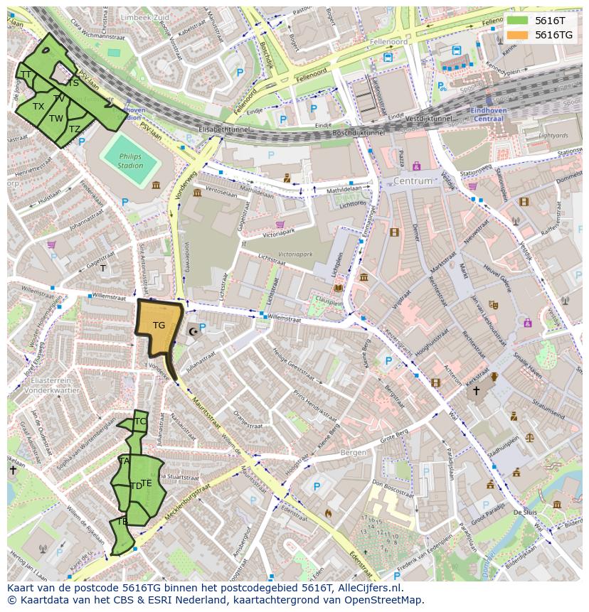 Afbeelding van het postcodegebied 5616 TG op de kaart.