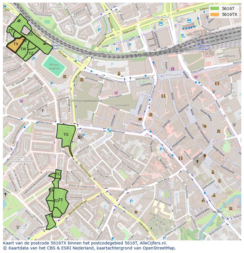 Afbeelding van het postcodegebied 5616 TX op de kaart.
