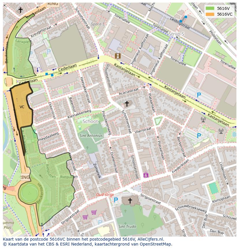 Afbeelding van het postcodegebied 5616 VC op de kaart.