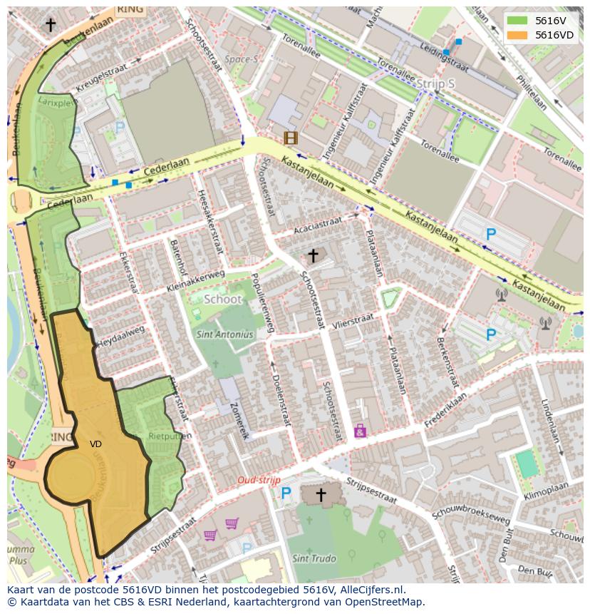 Afbeelding van het postcodegebied 5616 VD op de kaart.
