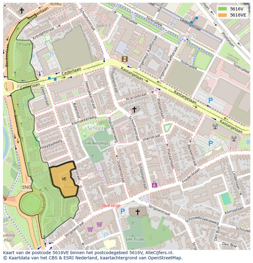 Afbeelding van het postcodegebied 5616 VE op de kaart.