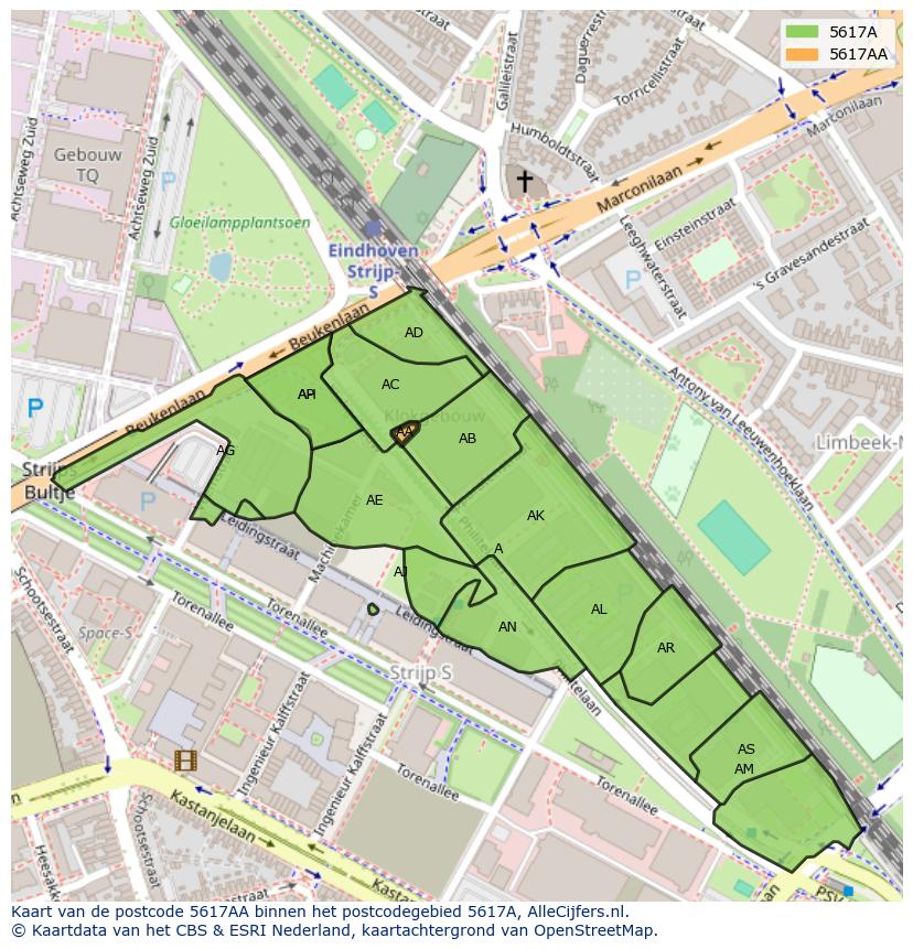 Afbeelding van het postcodegebied 5617 AA op de kaart.