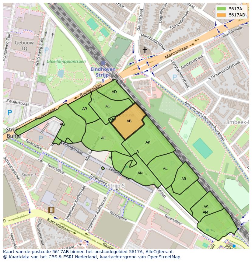 Afbeelding van het postcodegebied 5617 AB op de kaart.
