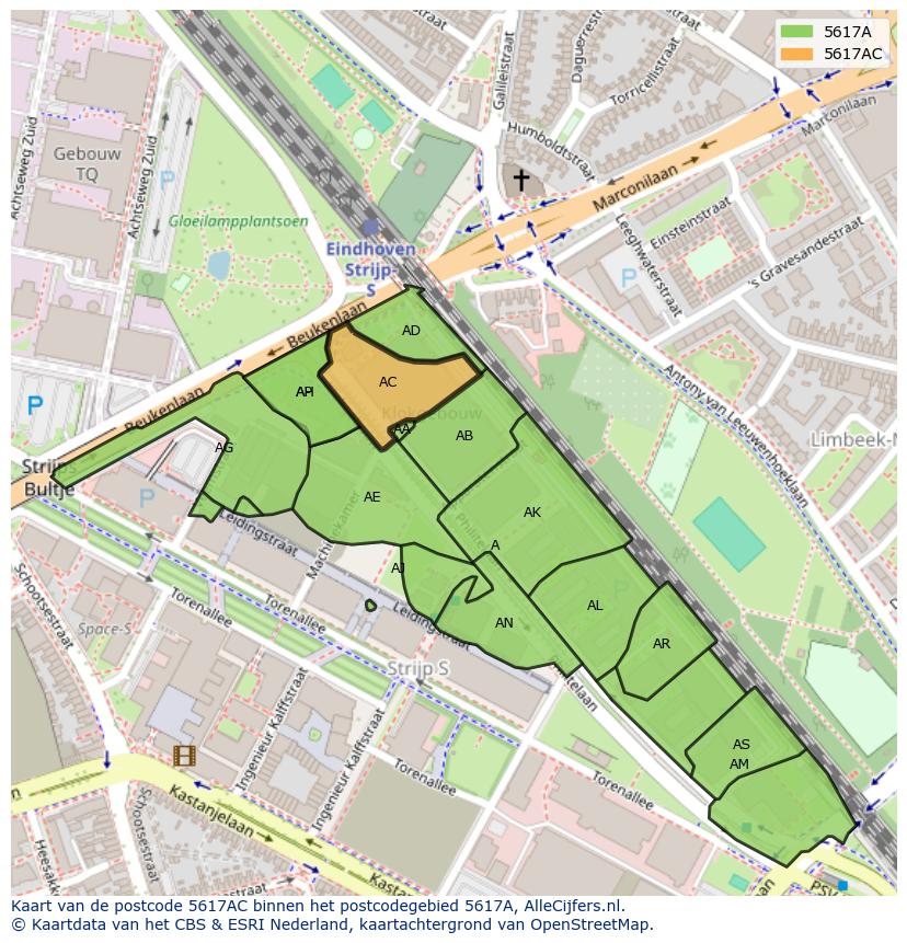 Afbeelding van het postcodegebied 5617 AC op de kaart.