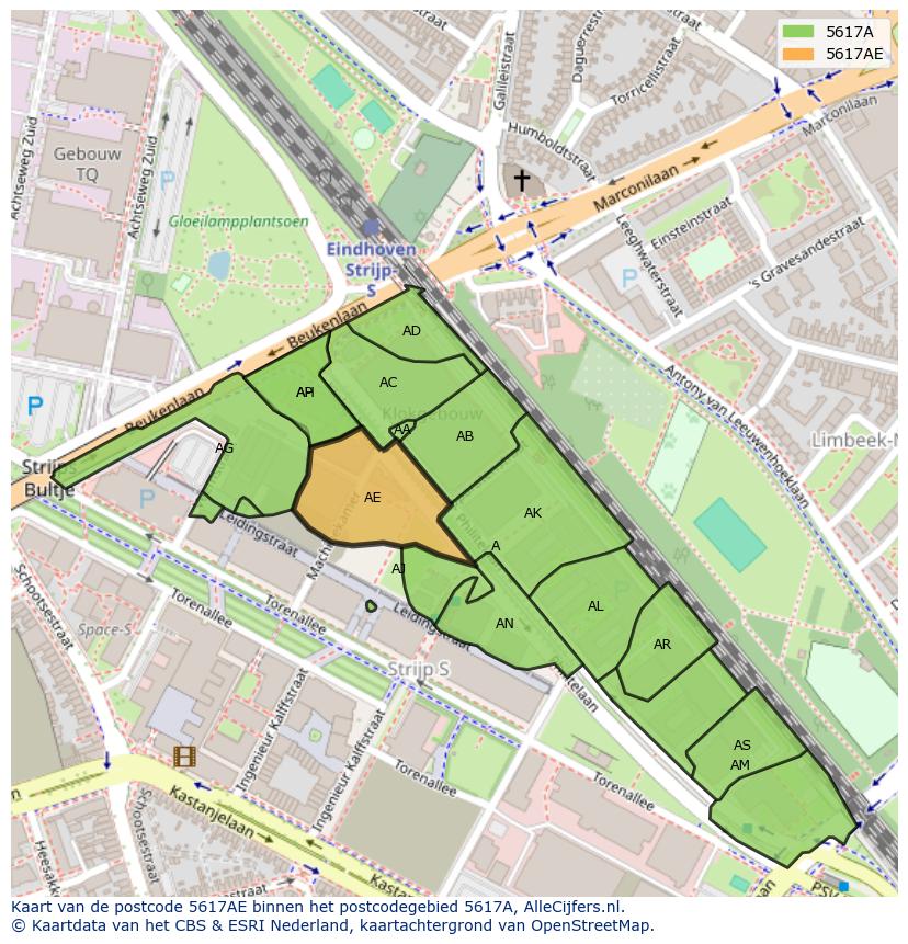 Afbeelding van het postcodegebied 5617 AE op de kaart.