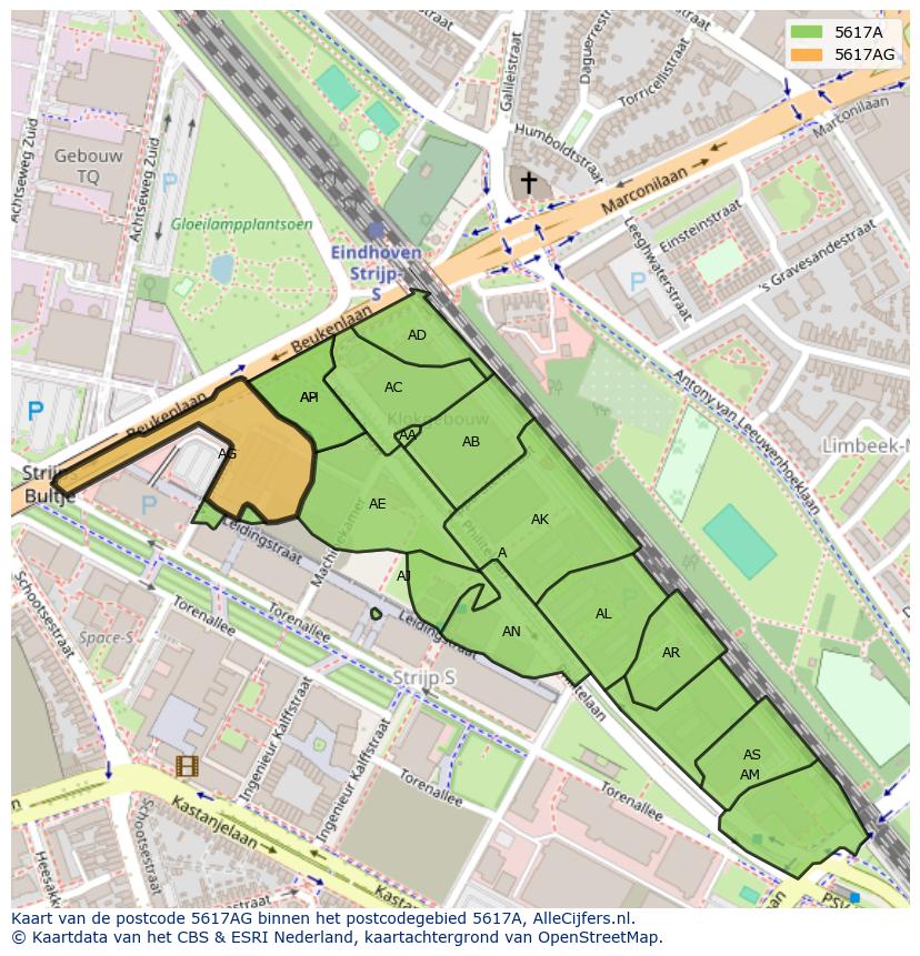 Afbeelding van het postcodegebied 5617 AG op de kaart.