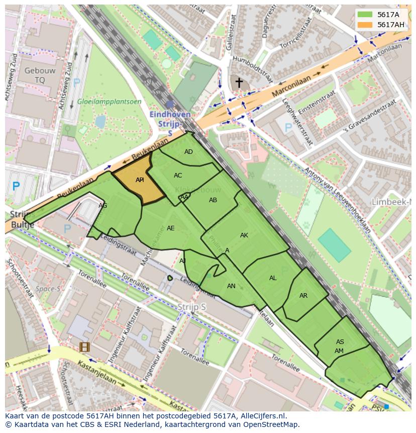 Afbeelding van het postcodegebied 5617 AH op de kaart.