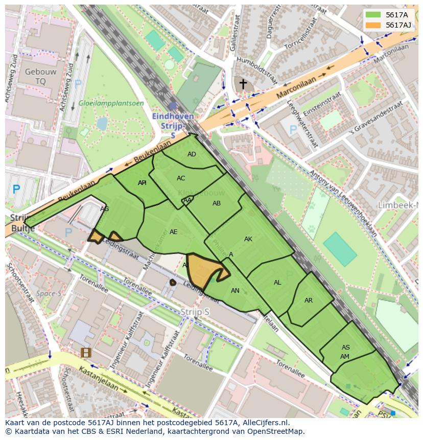 Afbeelding van het postcodegebied 5617 AJ op de kaart.