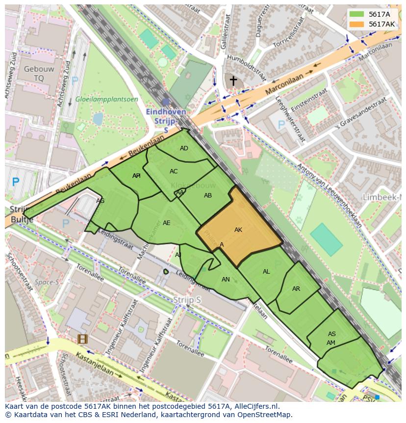 Afbeelding van het postcodegebied 5617 AK op de kaart.