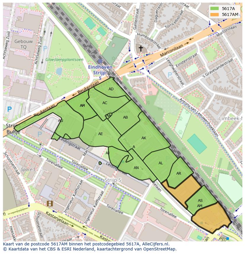 Afbeelding van het postcodegebied 5617 AM op de kaart.