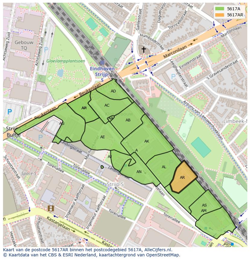 Afbeelding van het postcodegebied 5617 AR op de kaart.