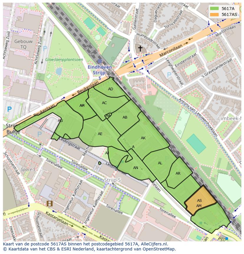Afbeelding van het postcodegebied 5617 AS op de kaart.