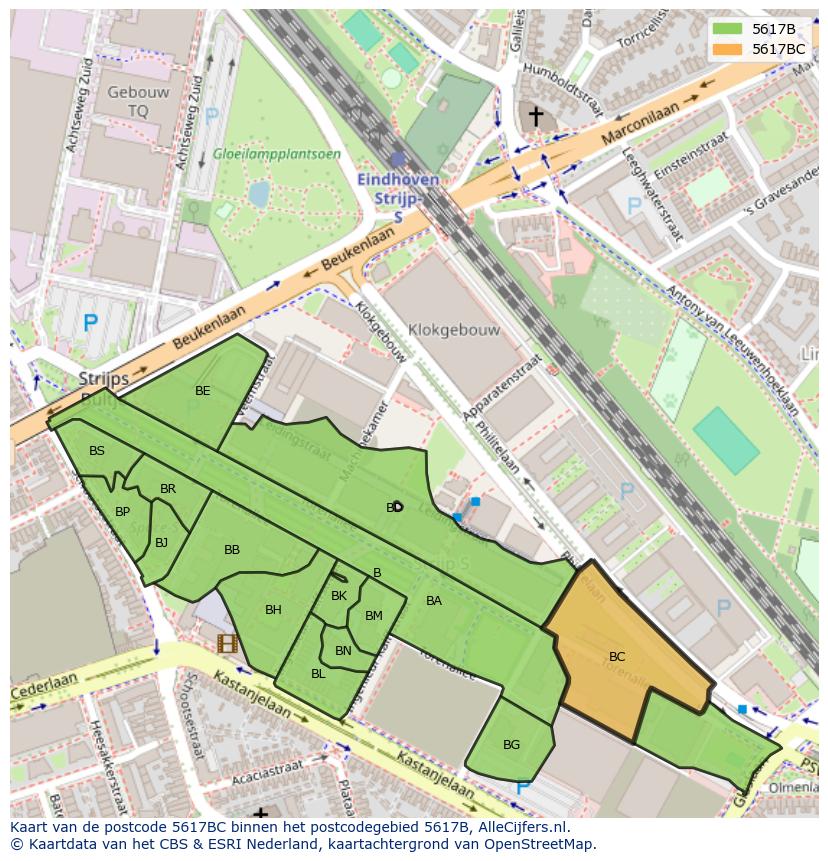 Afbeelding van het postcodegebied 5617 BC op de kaart.