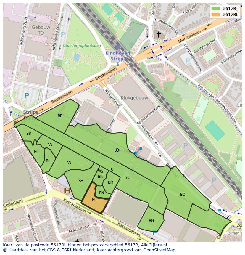 Afbeelding van het postcodegebied 5617 BL op de kaart.