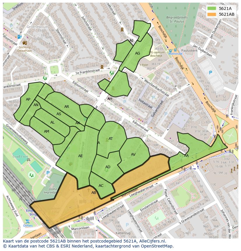 Afbeelding van het postcodegebied 5621 AB op de kaart.