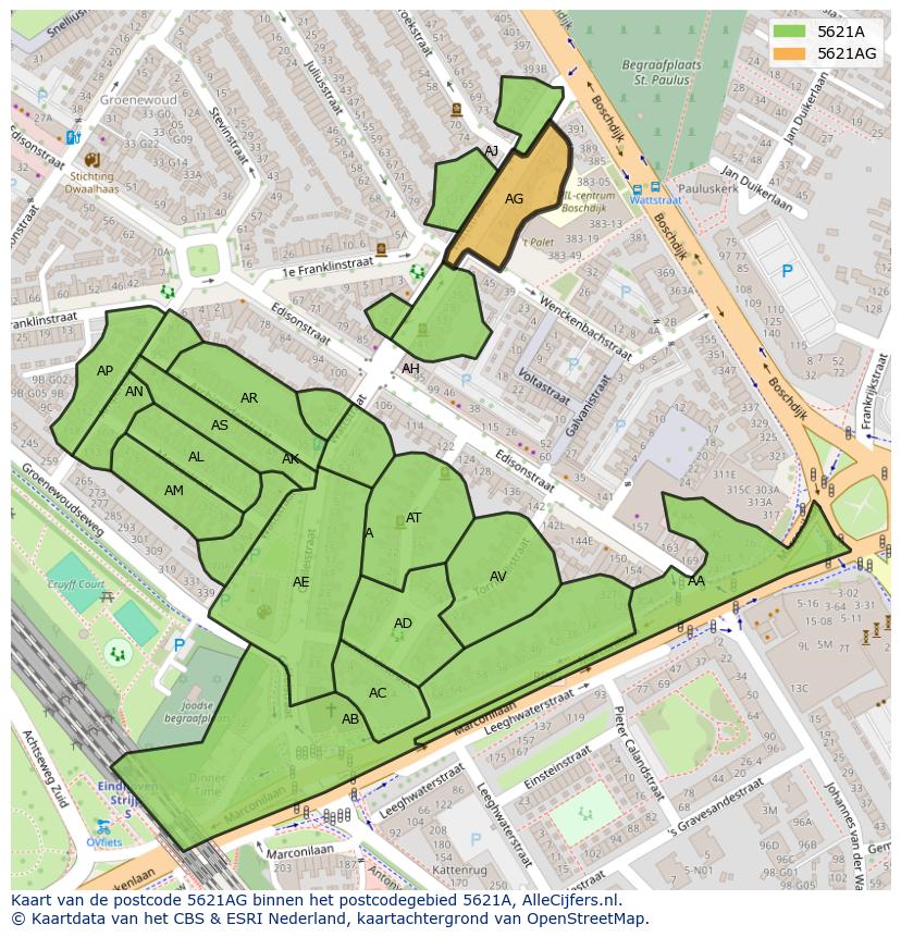 Afbeelding van het postcodegebied 5621 AG op de kaart.