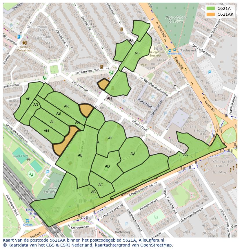Afbeelding van het postcodegebied 5621 AK op de kaart.