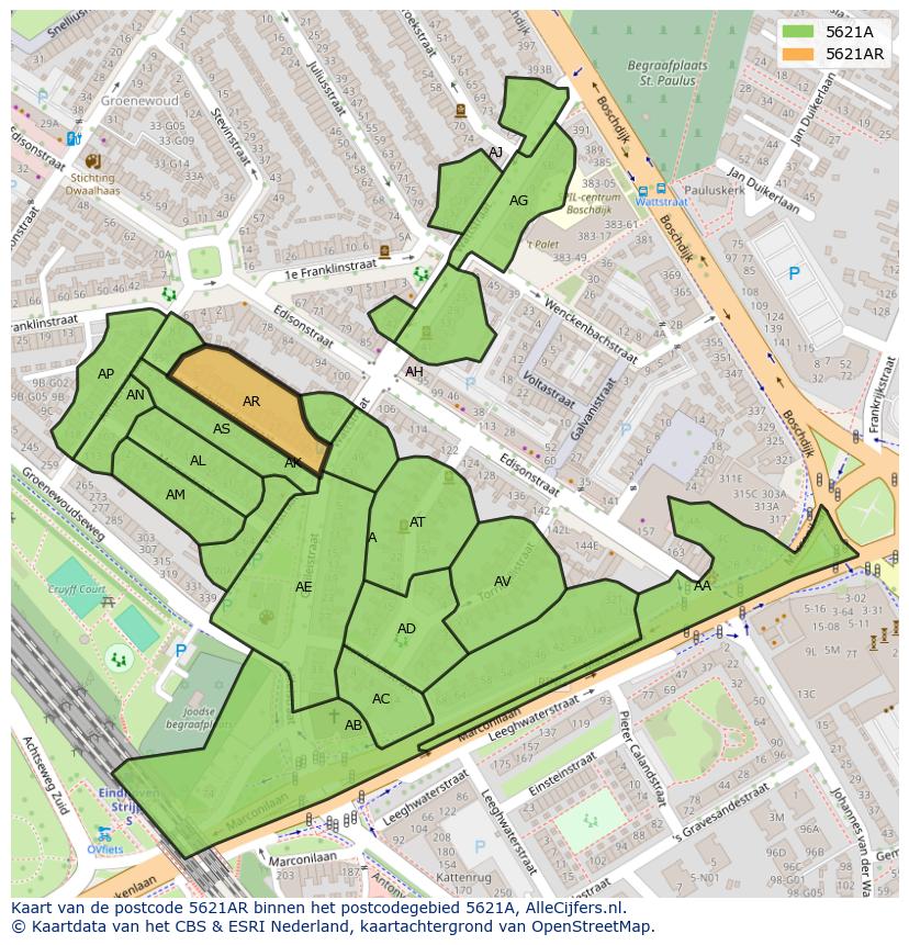 Afbeelding van het postcodegebied 5621 AR op de kaart.