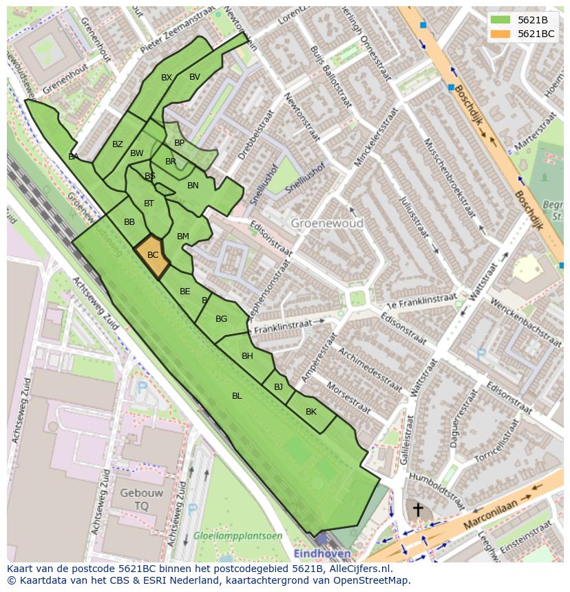 Afbeelding van het postcodegebied 5621 BC op de kaart.