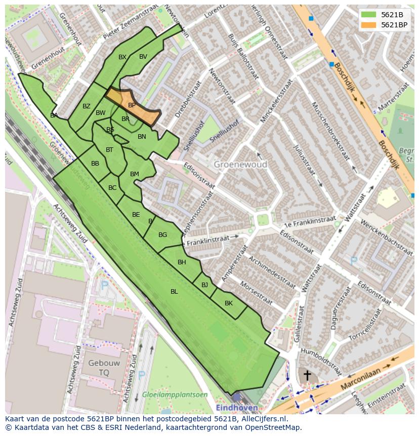 Afbeelding van het postcodegebied 5621 BP op de kaart.